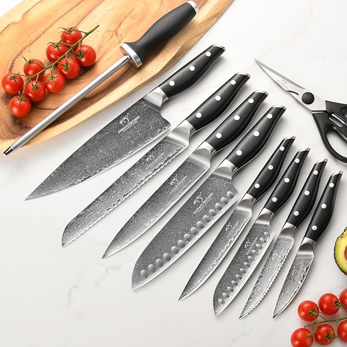 Damascus Knife Set with Block for Kitchen, VG10 Core Damascus Steel Chef Knife Set with Triple-Rivet Handle, Knife Sharpener, 16PCS with Ash Wood Knife Block