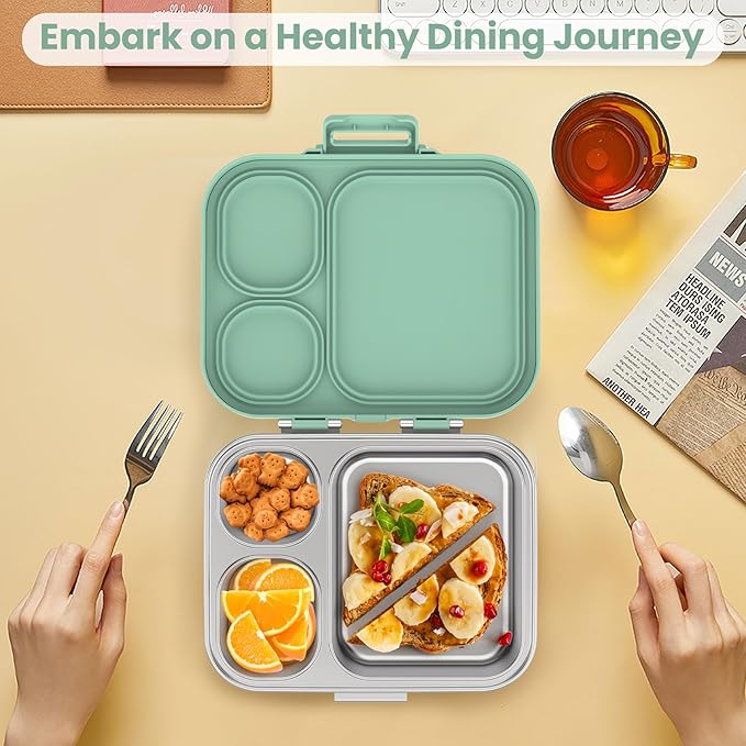 Stainless Steel Bento Lunch Box for Kids | 3-Compartment Lunch Box Container Kids | 100% Leakproof, Eco-Friendly, Perfect Portion Control for Kids&Adult Healthy Meals (Green)