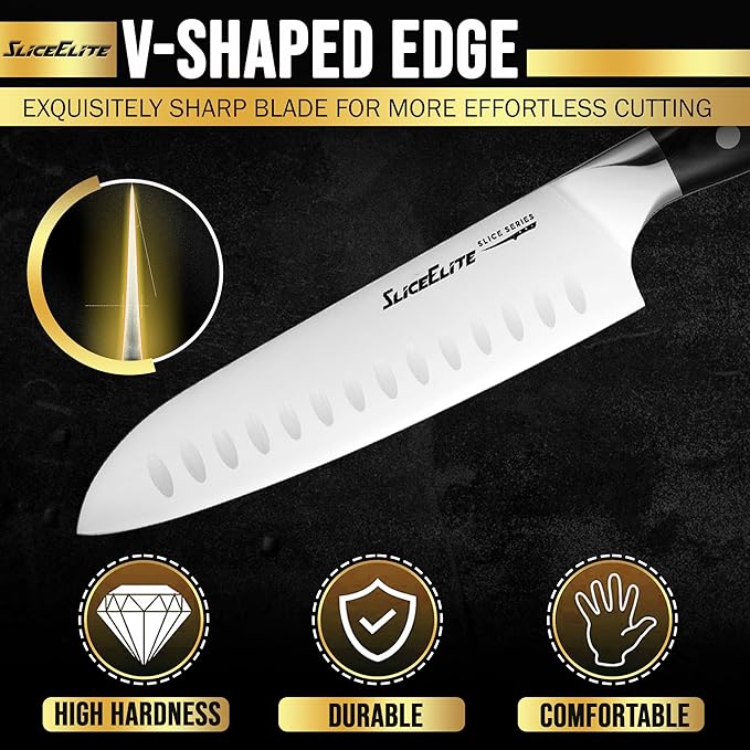 SliceElite Slice Series 7 Inch Santoku Knife High Carbon German Steel Blade Full Tang Pakkawood Handle Polymer Blade Guard Sharp Kitchen Knife for Meat Cutting Chopping BBQ Cooking Chef Vegetable