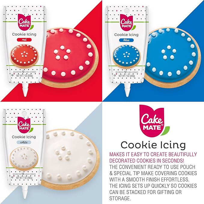 Cake Mate Patriotic Decorating Kit – Red & Blue Decorating Sugar (2.25 oz), Red, White & Blue Sprinkles (1.75 oz), Red, White & Blue Cookie Icing (7 oz) – Cookie, Cake, Cupcake & Dessert Decorating