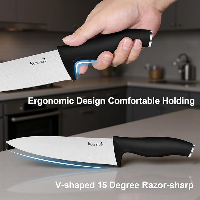 Kuisine Chef Knife Set,High Carbon Stainless Steel Ultra Sharp Blade Ergonomic Handle,Kitchen Knife Block Set with Built-in Sharpener,Elegant Gift for Holiday(Silver Black,15PCS)
