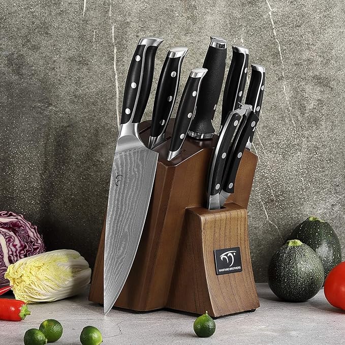 Damascus Knife Set with Block – 9-Piece VG10 67-Layer High Carbon Steel Kitchen Knives, Triple-Riveted Pakkawood Handles, Chef, Santoku, Utility, Bread & Paring Knives, Sharpener & Shears