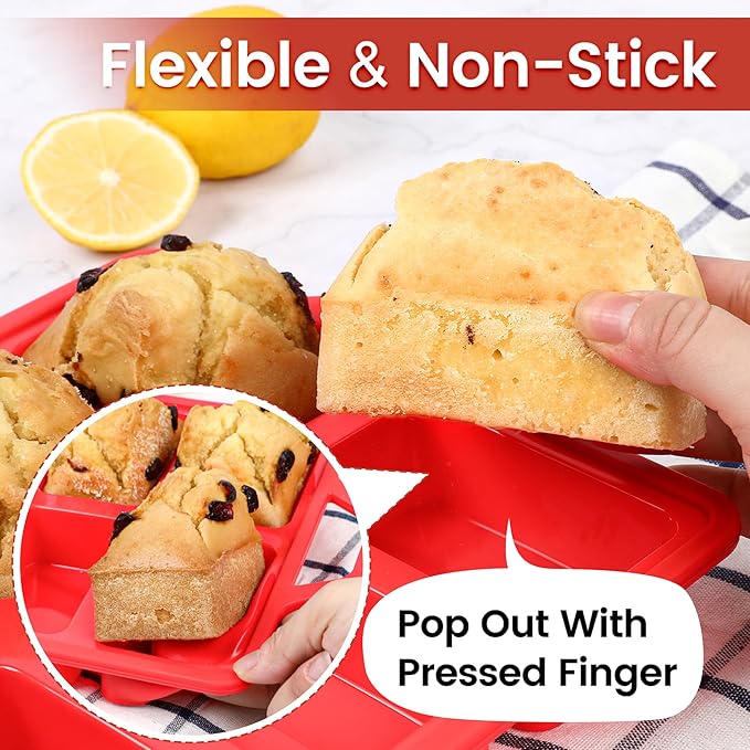 Mini Loaf Pan Silicone, Metal Reinforced Silicone Mini Bread Loaf Pan Nonstick Cornbread Pan 8 Cavities Small Loaf Pans for Baking Bread, Loaf, Meatloaf, Brownie, Butter 1Pack Red
