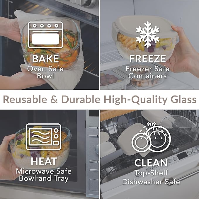 Bentgo Glass All-in-One Salad Container - Large 61-oz Salad Bowl with Lid, 4-Compartment Bento-Style Tray, 3-oz Sauce Container, & Reusable Fork - Dishwasher, Microwave, & Oven Safe (White Stone Tan)