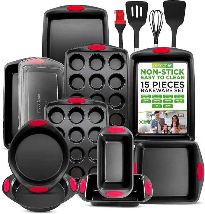 NutriChef 15-Piece Baking Pan Set - Flexible Nonstick Coating Carbon Steel Bakeware - Professional Home Kitchen Bakeware with Stackable Cookie Sheet Trays and Red Silicone Handles (Black)