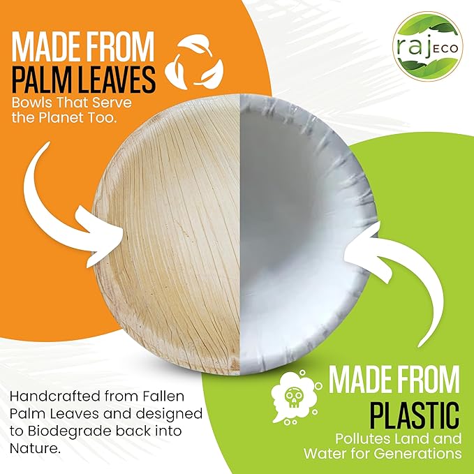 Raj Disposable Palm Leaf Bowls (50 Count, 4" Bowl) Strong Bowls Like Bamboo Party Bowl - Decorative Compostable Tableware for Lunch, Dinner, Birthday, Outdoor, BBQ, Picnic, Parties
