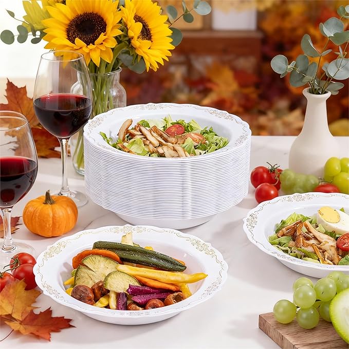 DaYammi 30 Pack Plastic Bowls with Gold Rim, 12oz Disposable Soup Bowls, Heavy Duty Dinner Bowls for Weddings, Parties, Dinners, Catering and Everyday Use