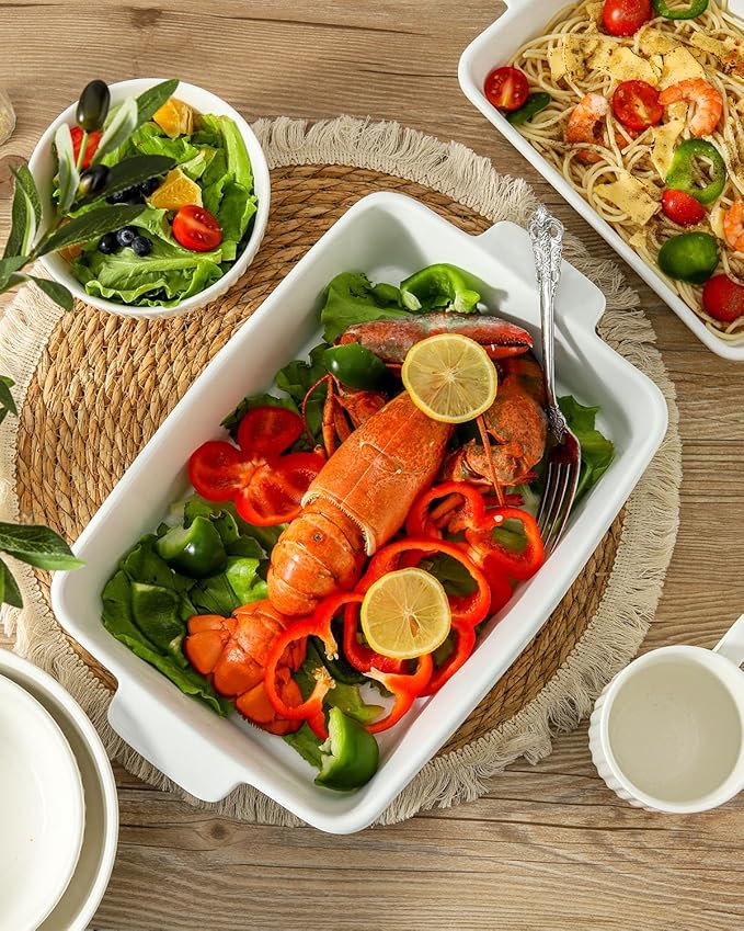 Casserole Dish for Oven, Ceramic Deep Lasagna Pan, 4 Quarts Baking Dish with Handles, 9 x 13 inches Baking Pan, Rectangular Oven Safe Pan, Porcelain Bakeware, White