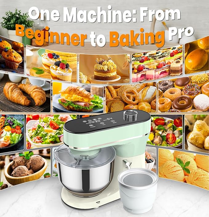 Stand Mixer Set, 6QT Kitchen Mixer with LED Touchscreen, 11-Speed Tilt-Head Mixer with Timer, 4 Preset Menus, Stainless Steel Bowl, Dough Hook, Whisk, Beater,Plus 2QT Ice Cream Maker Attachment