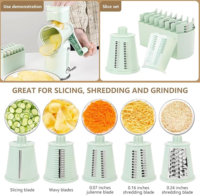 Rotary Cheese Grater with Handle Vegetable Shredder with 5 Interchangeable Blades, Kitchen Food Slicer and Chopper with Strong Suction Base for Fruit Vegetables Nuts with Blade Storage Box (Green)