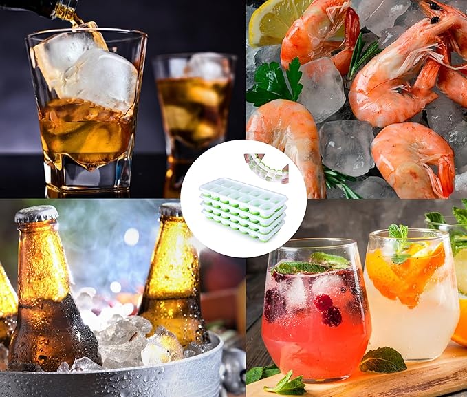 Silicone Ice Cube Tray, Jrisbo 4 Pack Easy-Release & Flexible 14-Ice Cube Trays with Spill-Resistant Removable Lid, Stackable Ice Trays with Covers for Freezer, Cocktail (Green)