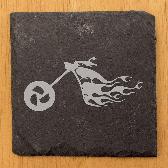 Ride The Fire: Flaming Chopper Motorcycle Coasters - Square Slate - Set of 5