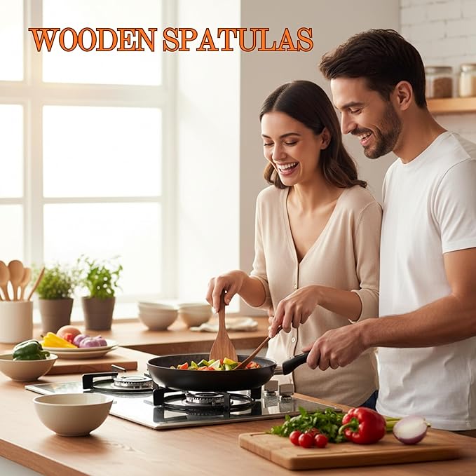 2 Pcs Wooden Spatula for Cooking Flat Wooden Spatula Set 12.5 inch Teak Spatula Set Flat Spatula for Non Stick Frying Pan Wood Cooking Utensils Set Wood Kitchen Utensils Set for Cooking
