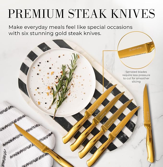 Styled Settings 14-Piece Knife Set with Block & Built-In Sharpener – Ultra-Sharp Full Tang Kitchen Knives – Premium Cooking & Prep Essentials, Gold Handle, Gold Blade & Black Block