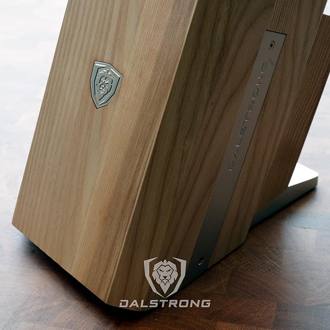 DALSTRONG Universal Knife Block - 18 Slots - Premium American Ash Wood - Aluminum Alloy Rim Kitchen Set - Lion Head Logo Badge - Premium Craftsmanship Knife Set - Angled For Ergonomics - Cleans Easily
