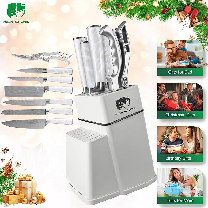 FULLHI 8pcs block Knife Set,chef's Knves Set with Block and Sharpener, Kitchen Knife Set,Multi-colour Handle, Gifts for Men Women