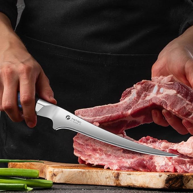 FINTISO 7 Inch Fillet Knife, Professional Meat Boning Knives for in 5-Layer 10Cr15CoMoV Japanese Stainless Steel, Ultra Sharp Fish Knife with Ergonomic G10 Handle for Slicing and Skinning