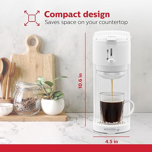 Holstein Housewares 2-in-1 Single Serve Coffee Maker, Dual Brew, Compatible with K-Cup Pods & Ground Coffee, Reusable Filter Included, Compact Drip Coffee Machine, 14oz Tank, Fits Most Cups - White