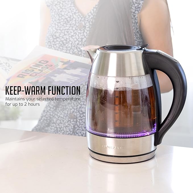 OVENTE Electric Tea Kettle with Temperature Control, Removable Tea Infuser, Easy to Fill Lid, Keep Warm Function, Auto Shut-Off, 1.7L Double Wall Borosilicate Glass, Stainless Steel Base, Silver KD68S