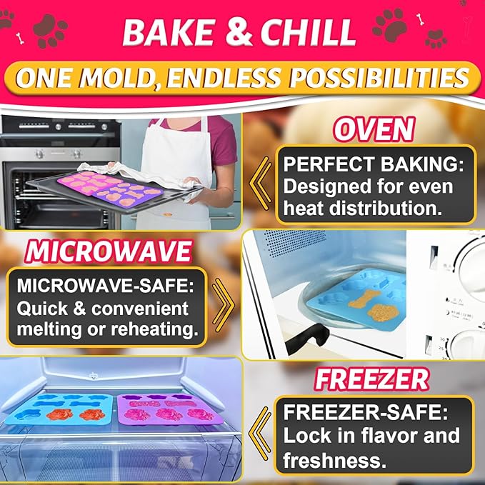 3Pcs Puppy Paw & Bone Silicone Molds - Non-Stick Candy Mold, Reusable Ice Cube Molds for Frozen Dog Treats, Chocolate, Jelly, Biscuit - Food Grade 2-in-1 Dog Treat Mold for Baking and Freezing