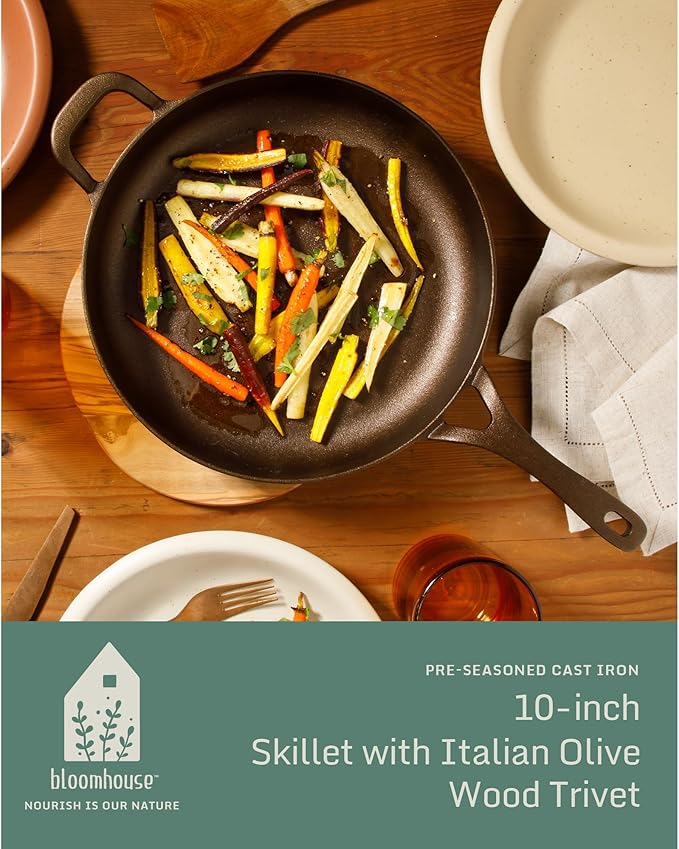Bloomhouse Natural Bronze Finish 10-Inch Cast Iron Skillet with Long Handle, Helper Handle & Olive Wood Trivet – Olive Oil Treated Fry Pan, Oven & Stovetop Safe