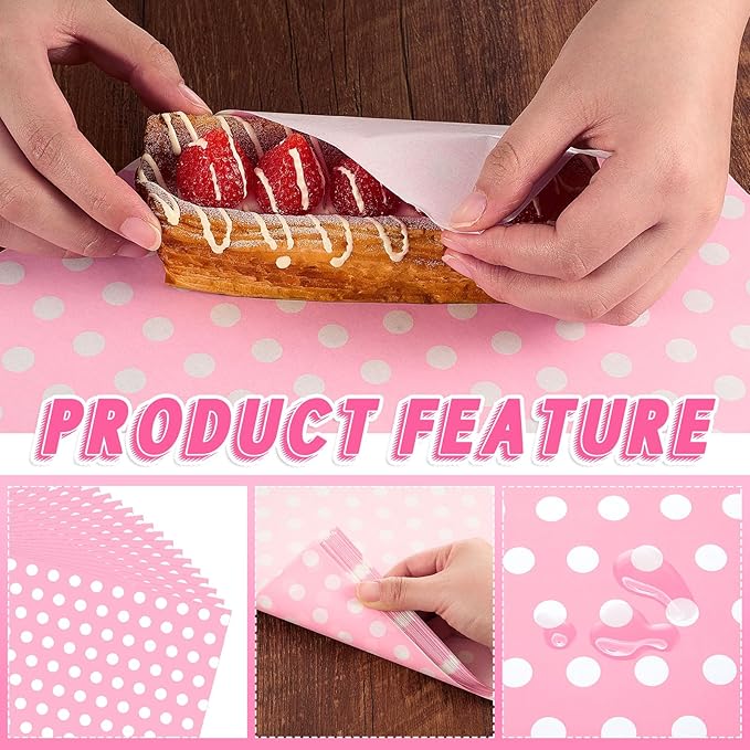 Fulmoon 300 Sheets Waxed Deli Paper Sheets for Food 12 x 12 Inch Polka Dot Dry Wax Paper Greaseproof Food Basket Liners Sandwich Wraps for Wrapping Bread Baking BBQ Picnic Party (Pink)