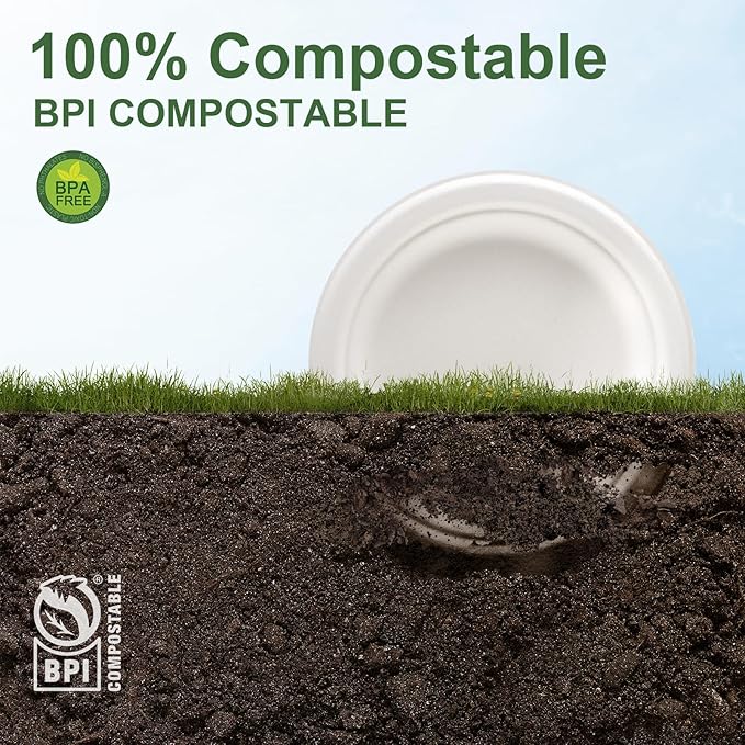 WELLIFE 7 Inch Paper Plates, 125-Pack Small Dessert Paper Plates Bulk, 100% Compostable Biodegradable Bagasse, Eco-Friendly Disposable Plate for Dessert,BBQ,Picnic,Party (BPI Certified,Microwaveable)