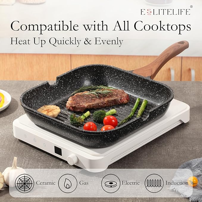 ESLITE LIFE 9.5 Inch Nonstick Grill Pan with Lid for Indoor Cooking, Versatile Induction Square Large Grilling Skillet Steak Pan for Stove Tops, PTFE & PFOA Free, Black