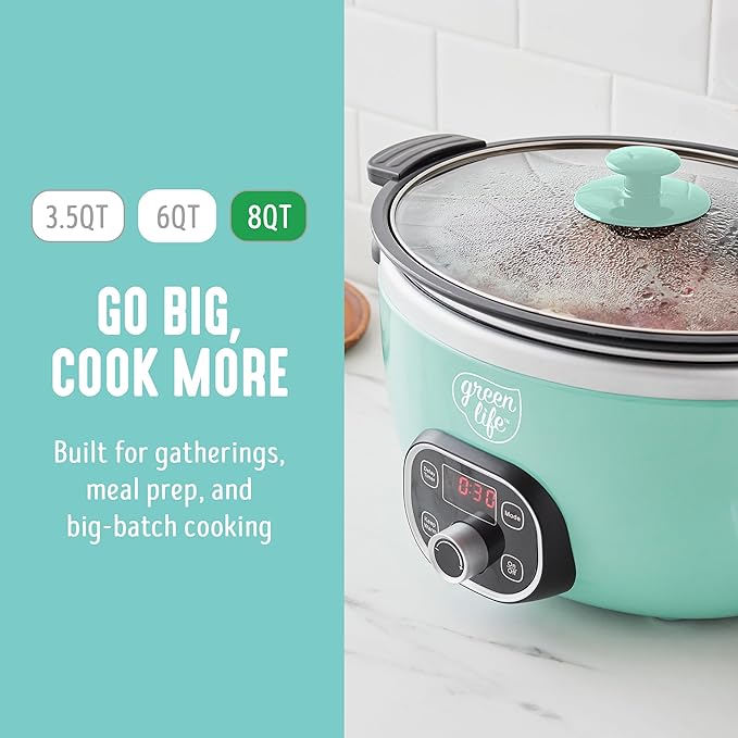 GreenLife 8QT Slow Cooker, Non-Toxic PFAS-Free Ceramic Nonstick Removable Interior Bowl, Programmable, Family Friendly, Keep Warm, Stovetop & Oven Safe, Dishwasher Safe Parts, Glass Lid, Turquoise