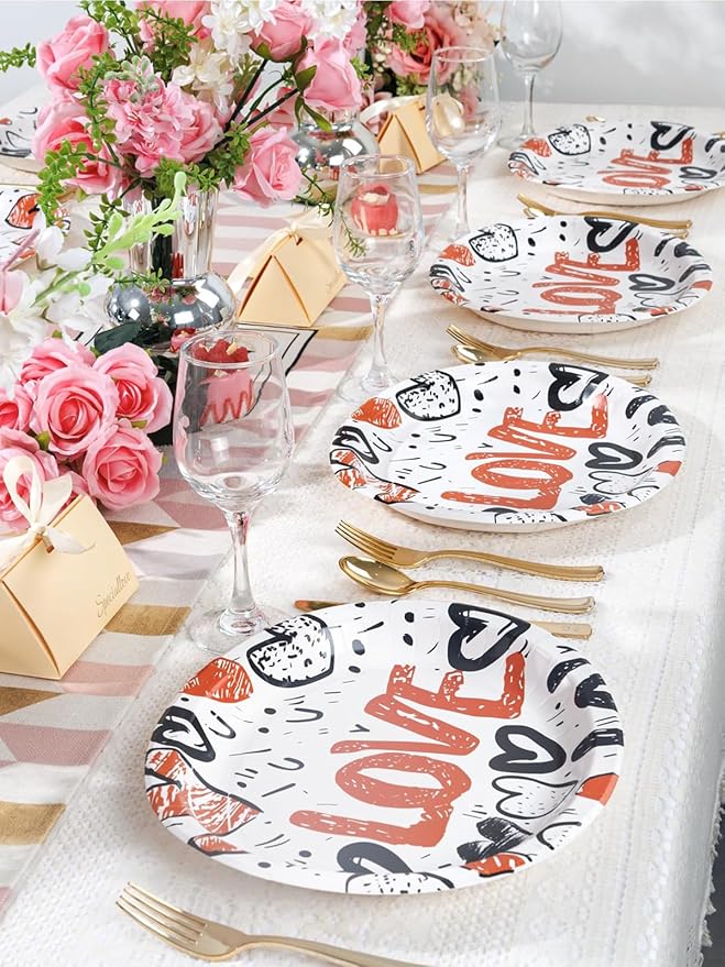 WDF 50PCS Heart Paper Plates -10"x12" Heart Plates Disposable -Love Design Valentines Plates for Weddings/Anniversary Birthday Party Thanksgiving