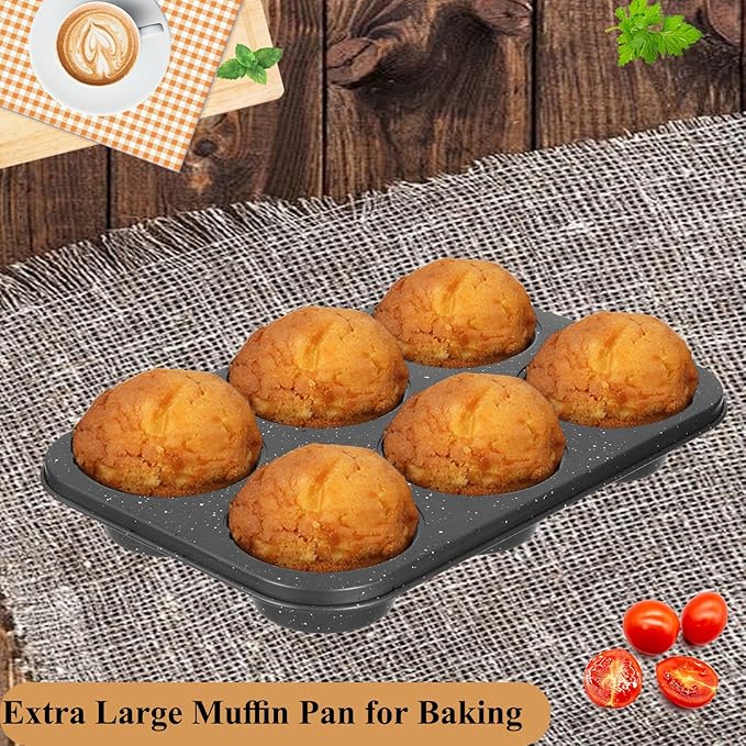 Jumbo Muffin Pan 2 Pack, Nonstick 6 Cup Muffin Tin, Extra Large Cupcake Pan for Baking, Giant Muffin & Cupcake Mold, Carbon Steel Muffin Tins, 3.3'' Cup Diameter