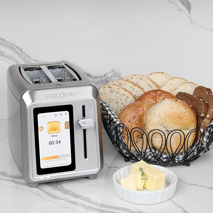 Kalorik Toaster VIVID TOUCH Series 2-Slice with Large High-Resolution Touchscreen and Customizable Cooking Presets by Bread Type, Features Wide Slots and High Lift Lever, 1000-Watts, Stainless Steel