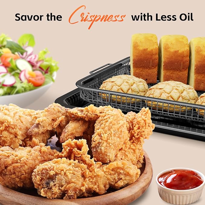 Air Fryer Basket, 2 Set Oven Air Fryer Basket and Tray with 60 PCS Parchment Papers, DEGOVIN Crisper Tray Non-stick Stainless Steel Air Fry Pans for Convection Oven(15.8" × 11" & 13" × 9.7"-Black)