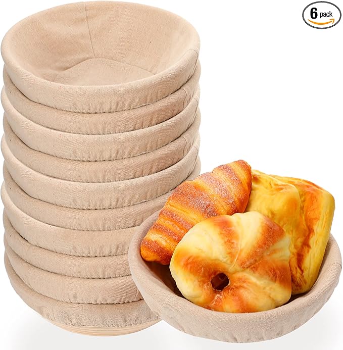 Set of 6 Bread Proofing Basket Round Bread Banneton Sourdough Bread Kit with Cloth Liner Plastic Scraper Dough Proofing Bowls for Home Sourdough Bakers Bread Making Supplies (9 Inch)