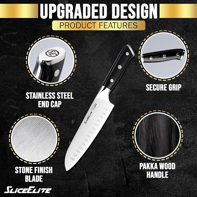 SliceElite Slice Series 7 Inch Santoku Knife High Carbon German Steel Blade Full Tang Pakkawood Handle Polymer Blade Guard Sharp Kitchen Knife for Meat Cutting Chopping BBQ Cooking Chef Vegetable
