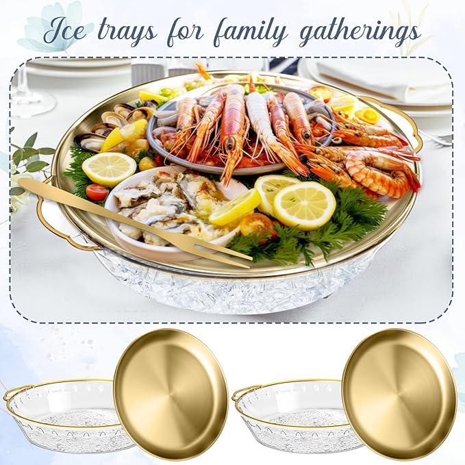 Baderke 2 Sets 11.8" Chilled Serving Tray for Parties Round Iced Platter with Ice Underneath Stainless Steel Clip Fruit Fork Shrimp Cocktail Serving Dish for Oysters Crawfish Fruits (Gold)