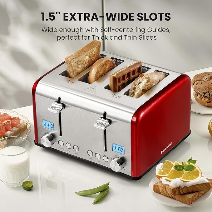 Roter Mond Countdown Stainless Steel 4 Slice Toaster with Bagel, Defrost, Cancel Function, Dual Toaster, Extra Wide Slots, 6 Shade Settings, Removable Crumb Trays, 1650W, Red