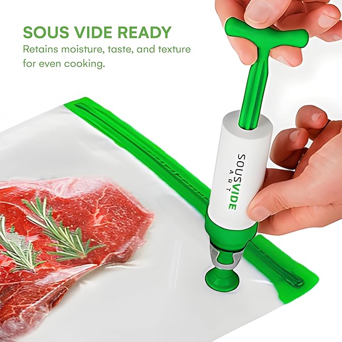 SOUSVIDE ART 37pcs Reusable Vacuum Seal Bags with Vacuum Sealer - 30 Cooking and Storage Bags of 3 Sizes with Pump and Sous Vide Cooker Accessories - Food Safe Kit, Keeps Food Fresh