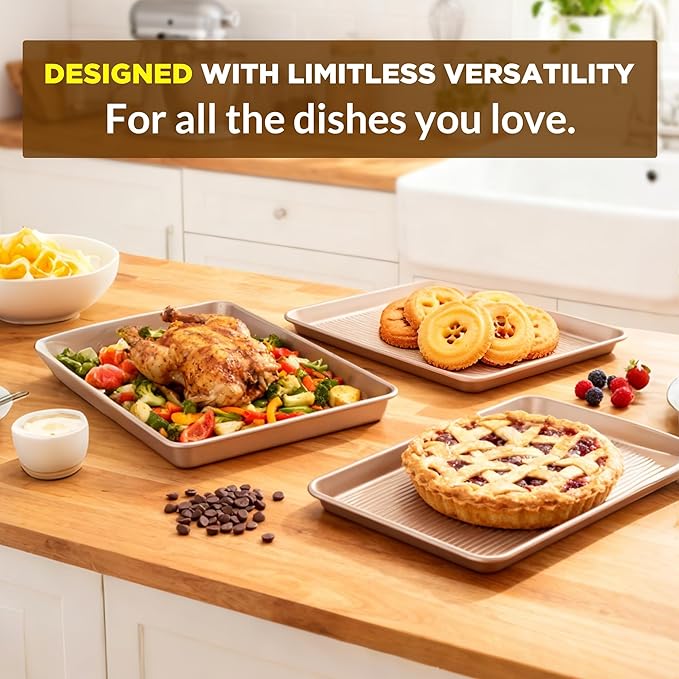 Saker nonstick baking sheet pan set,Multi-Use Non-Stick Baking Pan Set, Stackable Carbon Steel Cookie Sheets for Even Baking, Roasting & Meal Prep, Oven Safe & Easy Clean (Champagne Gold)