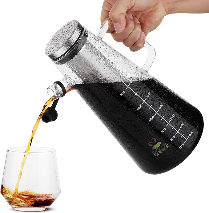 BTaT- Airtight Cold Brew Iced Coffee Maker Pitcher, 2 Liter/ 64 oz, Iced Tea Maker with Spout, Brewing Glass Carafe with Removable Stainless Steel Filter