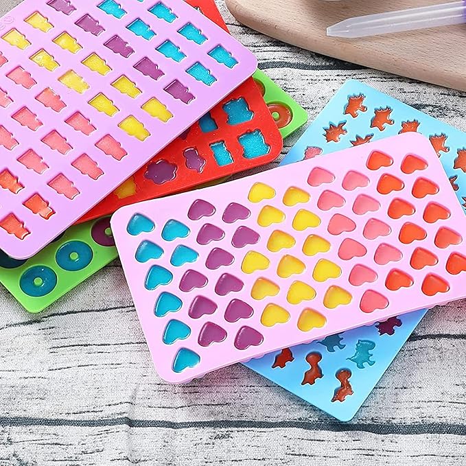 KRLIFCSL Gummy Molds 6 Pcs Set 299 Candies, 16 Shapes with 4 Droppers, 1 Clean Brush & 50 Package Bags, Including Dinosaur, Hearts, Sea Animals Nonstick Chocolate Molds (Mini Multicolor)