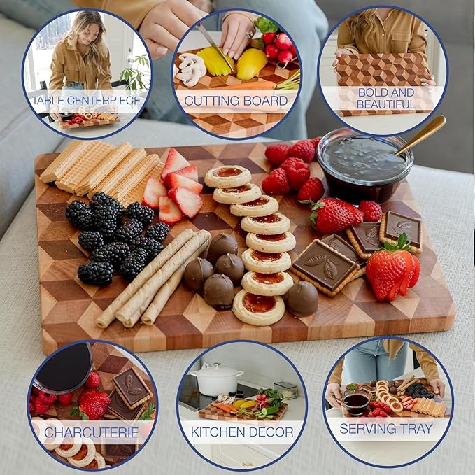 End Grain Wooden Cutting Board for Kitchen 15"x 11" - Walnut Hardwood Chopping Block with Non Slip Grips - Ideal for Charcuterie & Meat Butcher - Handmade 3D Design Wood (0.75" Thick, Large)