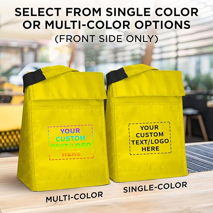DISCOUNT PROMOS 100 Hook and Loop Insulated Lunch Bags Set - Customizable Text, Logo - Polyester, Durable, Vibrant, Reusable - Yellow
