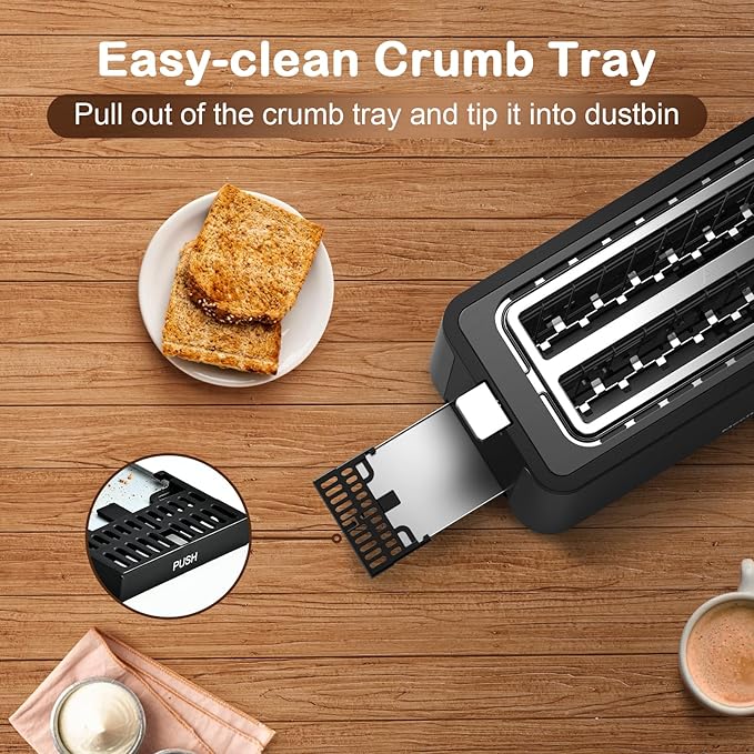 Mecity 4 Slice Toaster, Long Slot Toaster with Timer, Bagel, Defrost, Reheat, Cancel Functions, Warming Rack, Removable Tray, 6 Browning Settings, Extra Wide Slots, Stainless Steel, 1300W