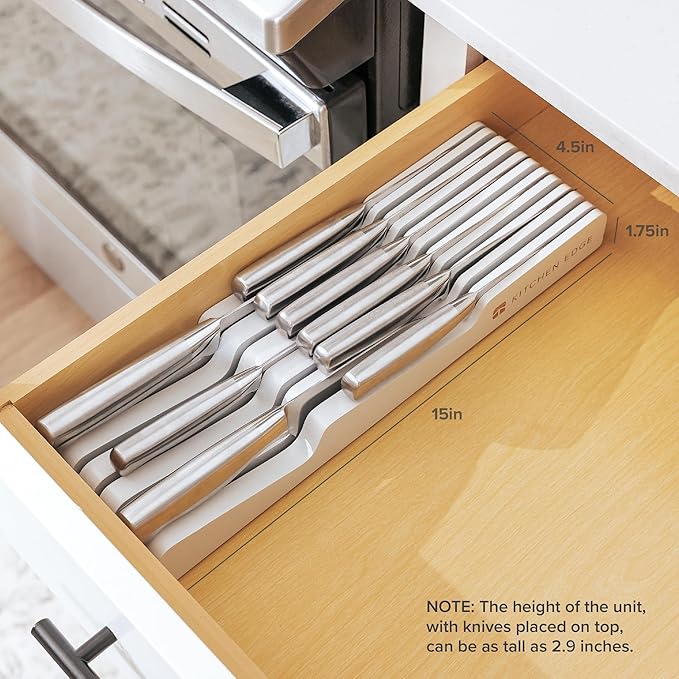 KitchenEdge White Knife Drawer Organizer Insert - Knife Block Holder, Holds 5 Long + 6 Short Knives (Not Included), Fits Most Sizes, Non-Slip Feet, 100% Sustainable Bamboo, Food-Safe White Finish