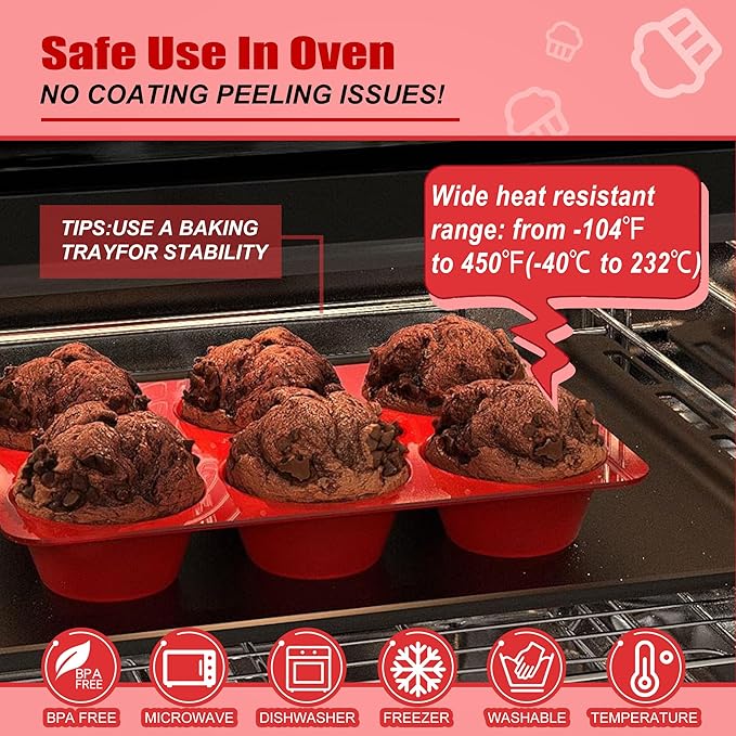 6 Cups Jumbo Muffin Pan,Silicone Cupcake Pan for Baking Food Grade Silicone Non Stick - Upgraded Thickened