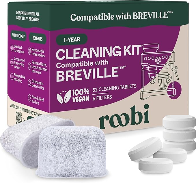 Roobi Breville Compatible Espresso Machine Cleaning & Maintenance Kit. Includes 52 Breville Cleaning Tablets and 6 Water Filters. Carbon Neutral. 1 Year Supply.