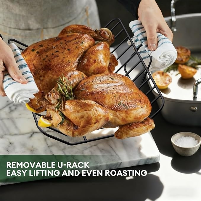 COOKER KING Stainless Steel Nonstick Roasting Pan with Rack, Roaster Turkey Pan Dishwasher and Oven Safe, Compatible with All Cooktops (Rectangular, Large)