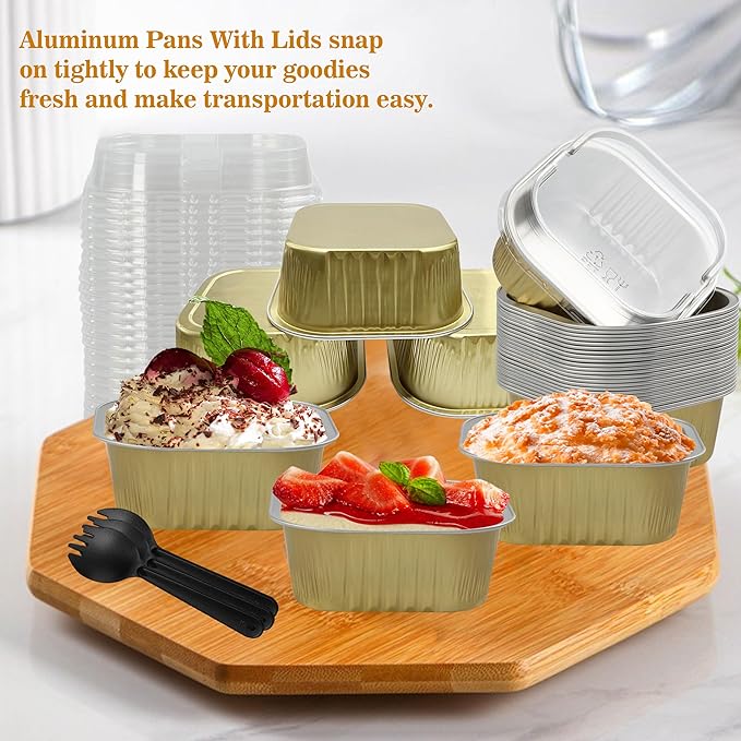 Cupcake Liners with Lids, 30pcs 10oz Mini Cake Pans With Lids Disposable Aluminum Foil Creme Brulee Ramekins Cake Cups Aluminum Pans With Lids Baking Cups, Gold, HG01AP300GDX30