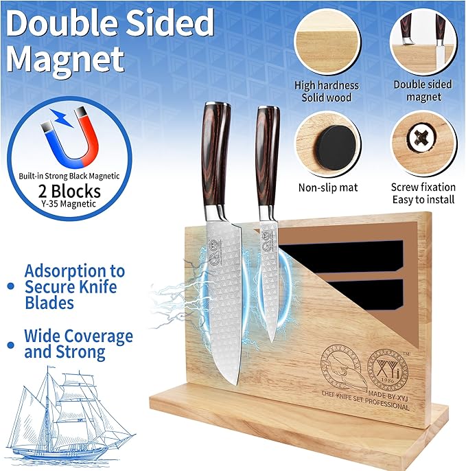 XYJ Authentic Since 1986, Magnetic Knife Block, Double Side Kitchen Knife Holder, Natural Wood, Knife Cutlery Display Stand, Organizer Storage Rack for Home Kitchen